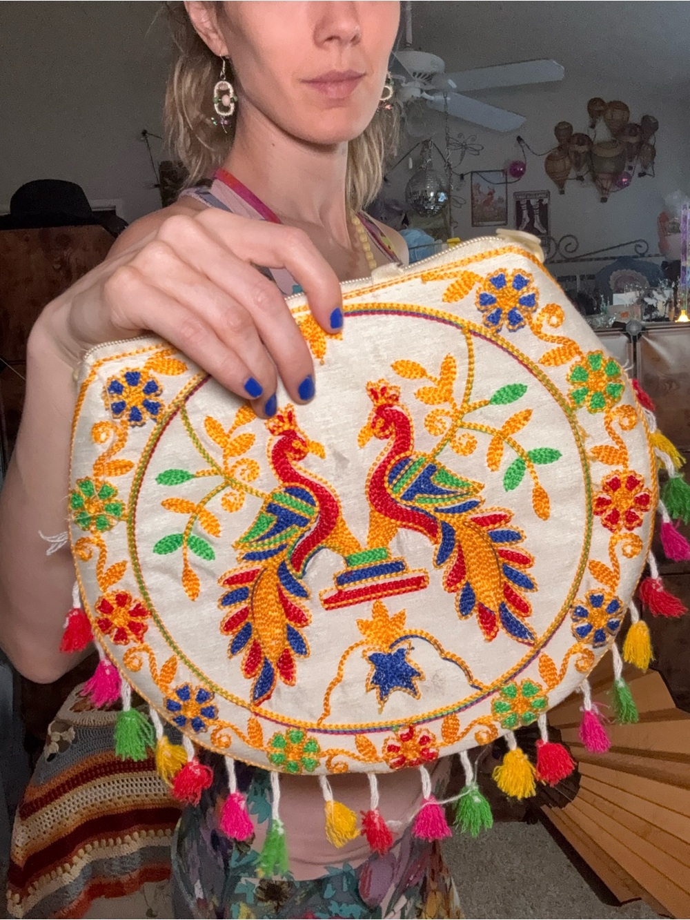 Embroidered Round Tassel Crossbody Bag in Multicolor